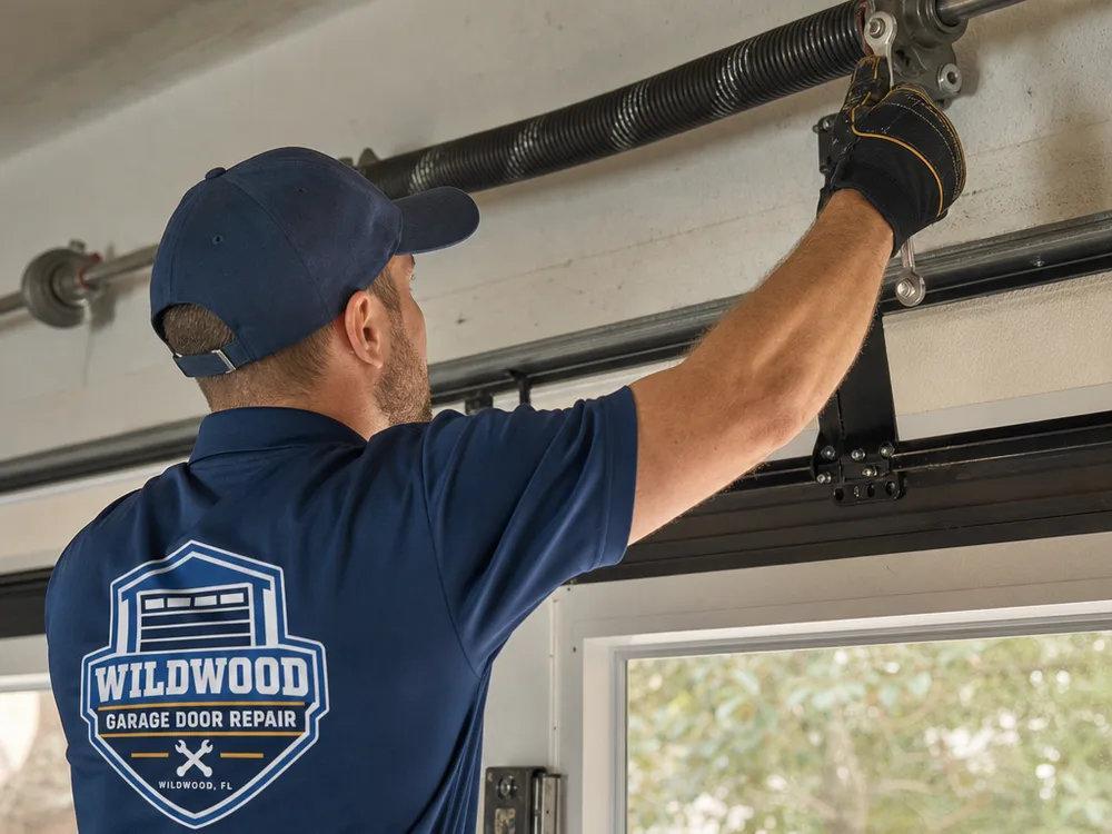 Misaligned garage door roller and track bracket being inspected