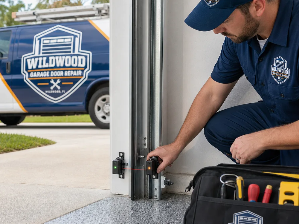 Garage door safety sensor knocked slightly out of alignment