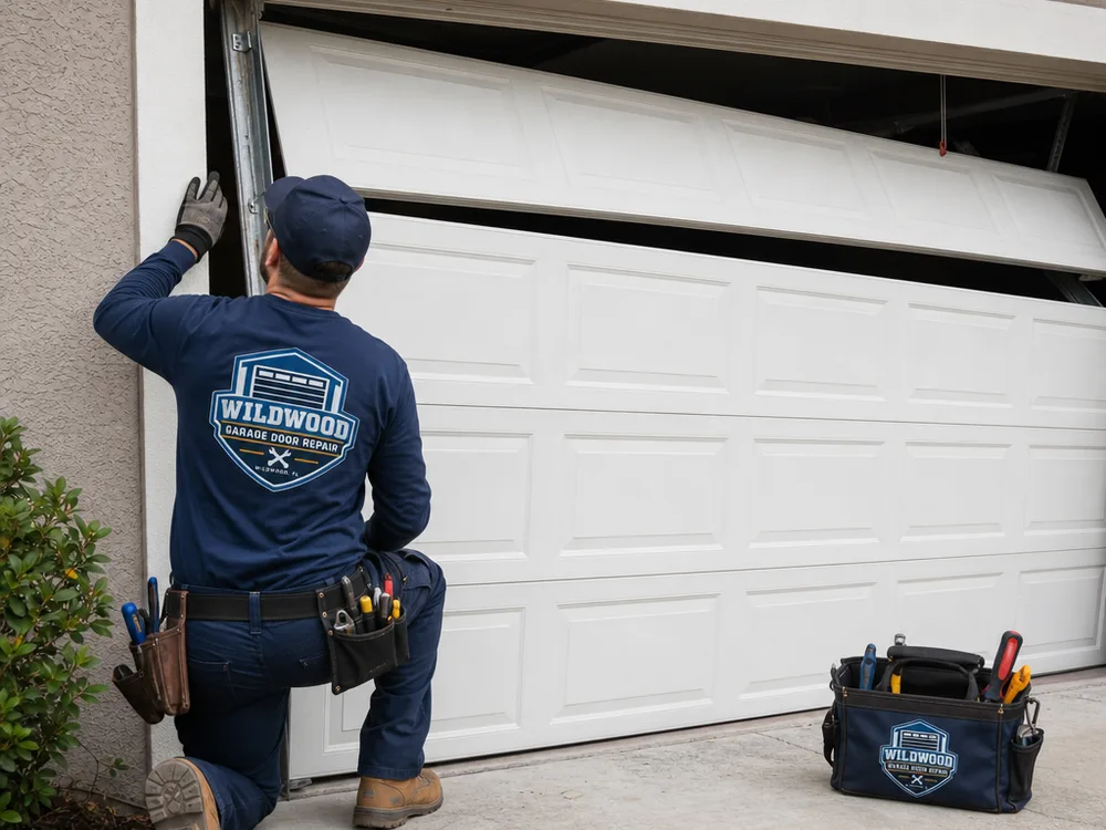 Technician checking garage door rollers and hinge wear