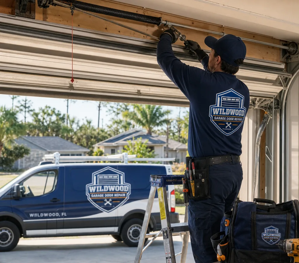 Contractor inspecting a torsion spring assembly above a partially open residential garage door