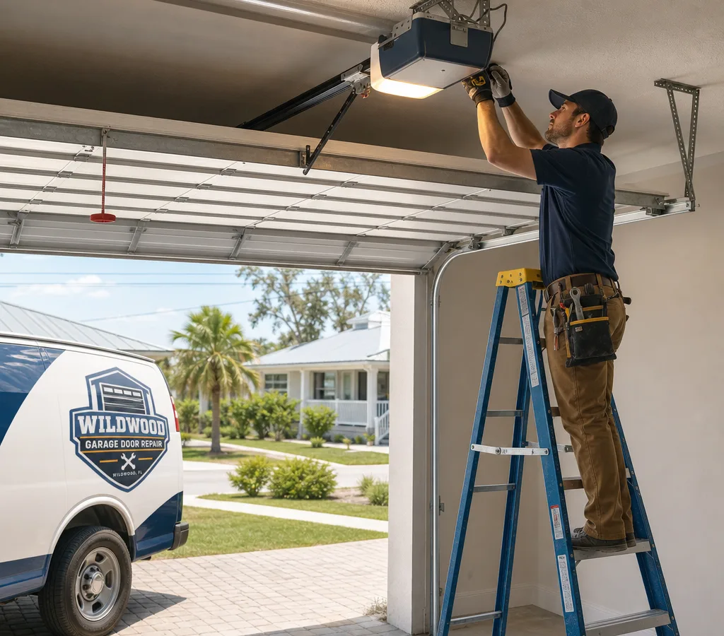 Residential garage door with the ceiling-mounted opener visible while the partially open door is diagnosed