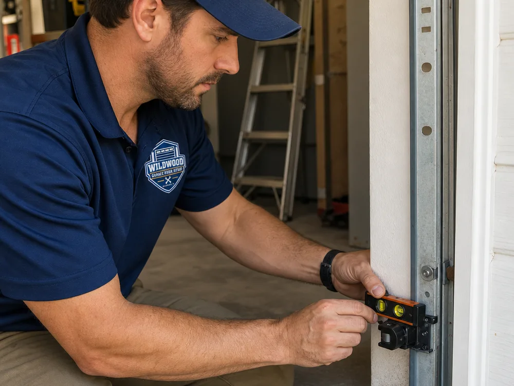 Contractor on a ladder inspecting a ceiling-mounted garage door opener and its rail connection