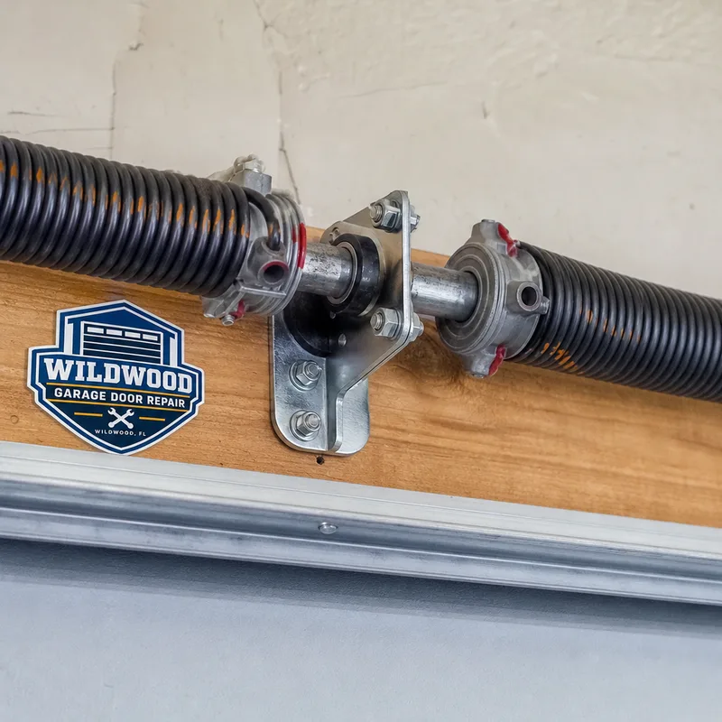 Close-up of a torsion spring, center bearing plate, cable drums, and correctly routed lift cables