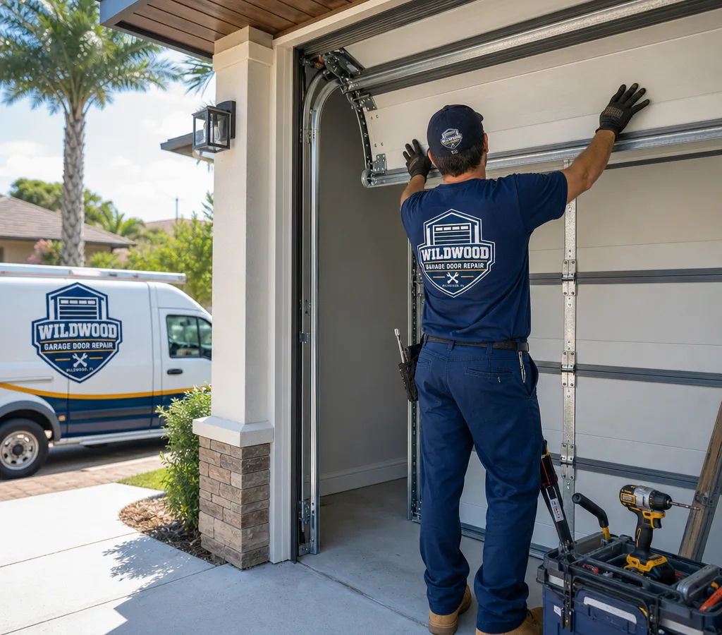 Installer aligning residential garage door sections on tracks with a torsion spring system above the opening