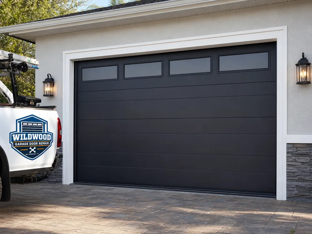 Finished insulated steel sectional garage door with windows and a clean perimeter seal on a Florida home
