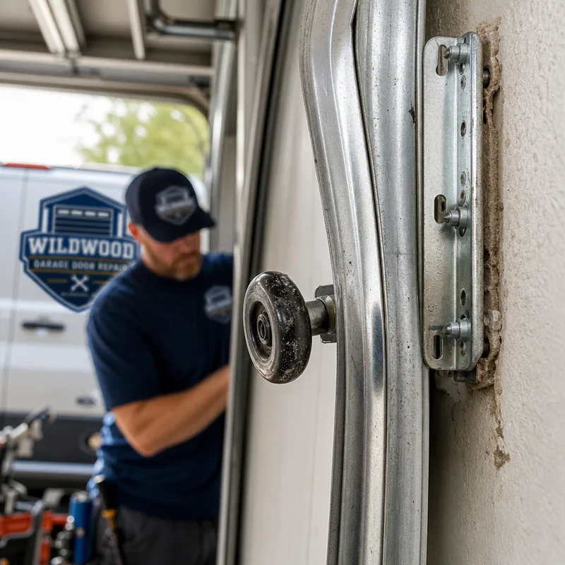 Frayed garage door lift cable slack around the drum beside a slightly uneven door