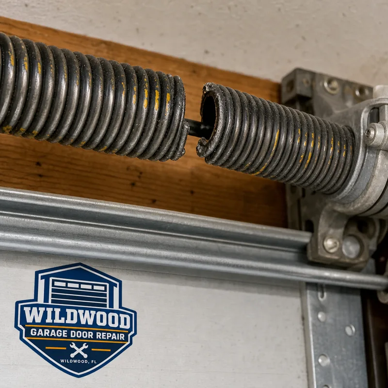 Broken torsion spring with a visible separation in the coil above a garage door