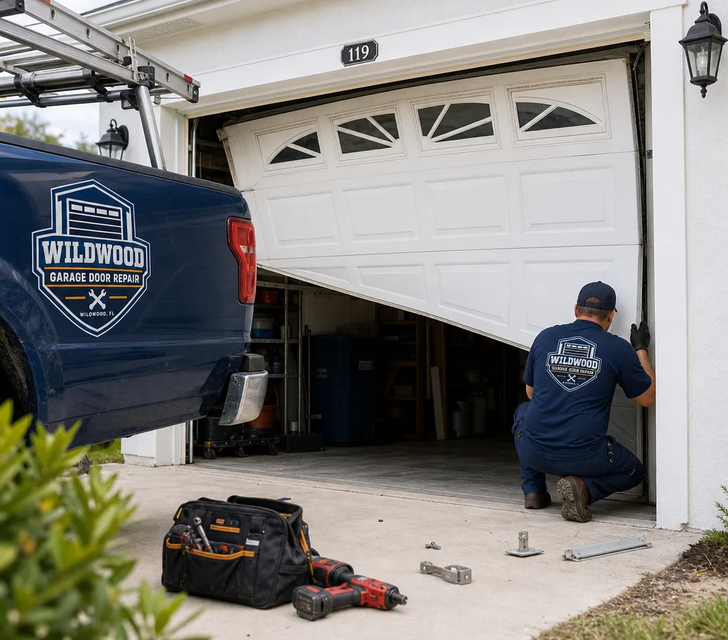 Residential garage door partially open at dusk while a contractor assesses it from the driveway