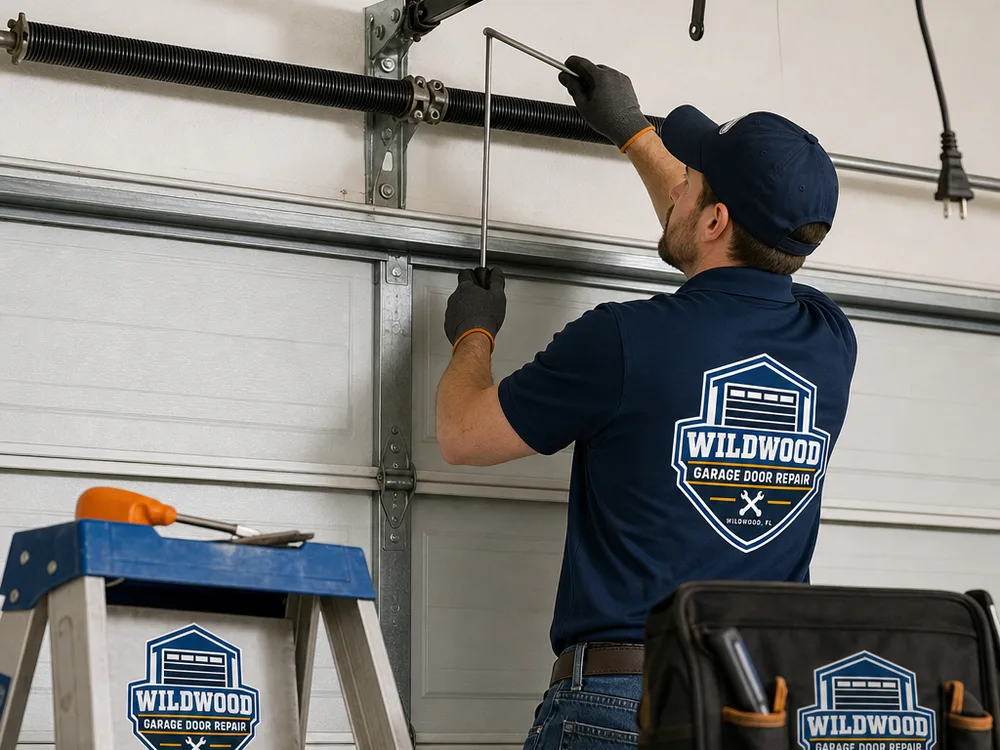 Contractor checking garage door roller alignment and track bolts with a flashlight and hand tools