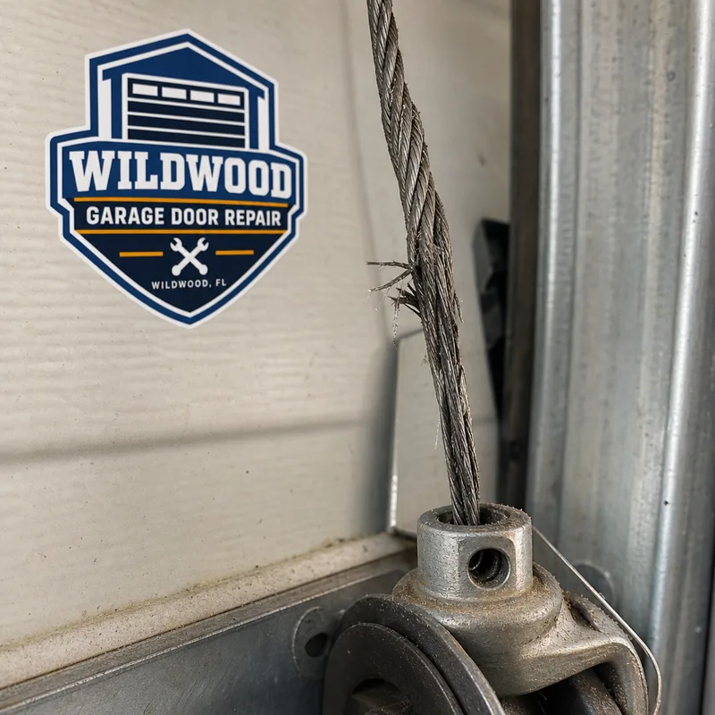 Garage door track with a noticeable bend and scraped metal where rollers have climbed