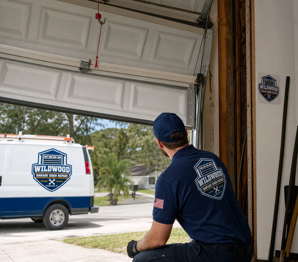 Residential sectional garage door sitting crooked in the opening while a contractor prepares to secure it