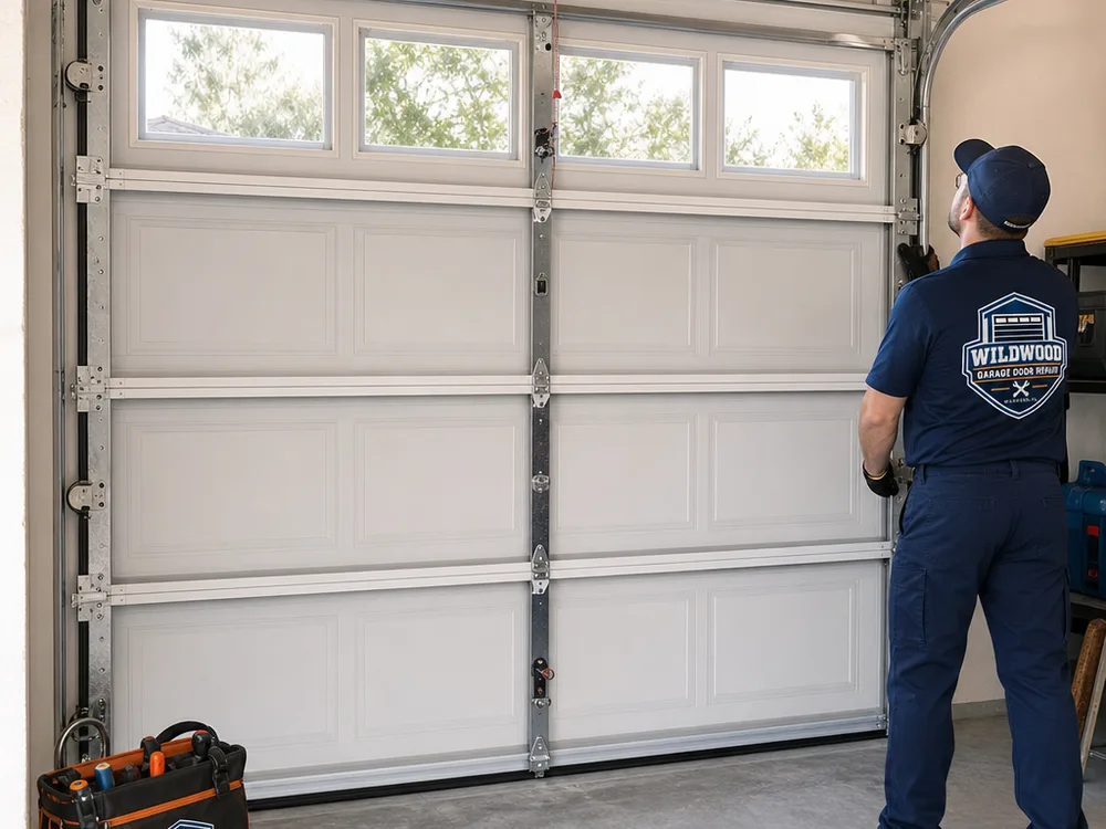 Garage door aligned square with rollers seated correctly and tracks plumb after service