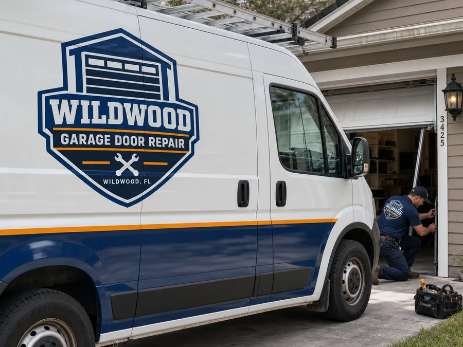 Contractor showing a homeowner the garage door opener and safety sensor location